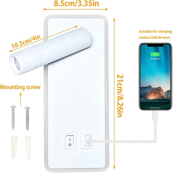 LED Vegglampe, 9W, Nattbordsleselampe med USB-ladeport