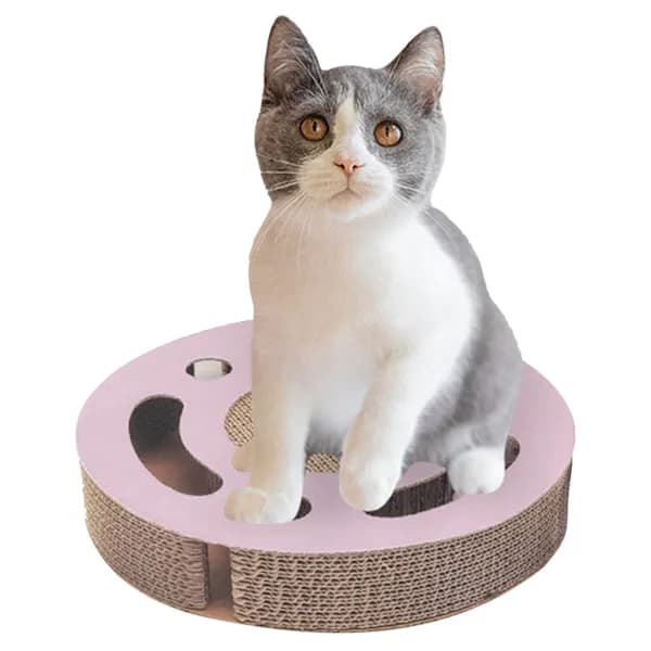 Cat Scratch Board Toy 3 in 1 Interactive Thickened Round Corrugated Kitten Scratch Toy with Bell Ball Pink