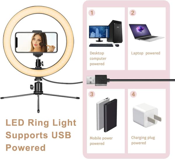 LED-ringlys 10 tommer med stativ og telefonholder for direktesendinger