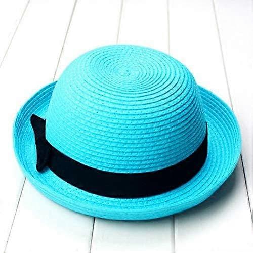 Stråhatte, 1. Strå Sommer Solhat Sommermode Kvinder Bowler Hat Strand Solhat til Kvinder Sommerstrand (Himmelblå)