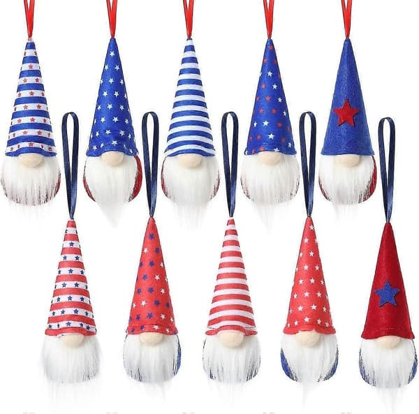Tomte självständighetsdagsprydnader set om 10, patriotiska tomteprydnader