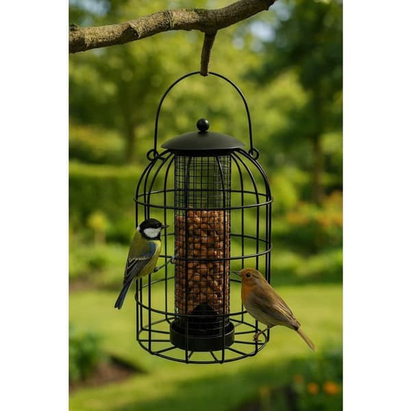 Squirrel-Proof Peanut Feeder - 24cm Black Metal Hanging Nut Feeder, Suitable for Small Birds