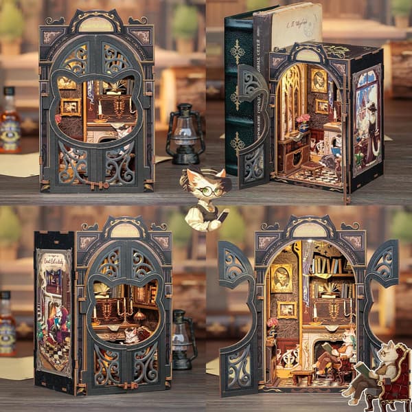 DIY Bokhjørne Kit - Miniatyr Trehus med Møbler og LED-Lys - Katts Studierom
