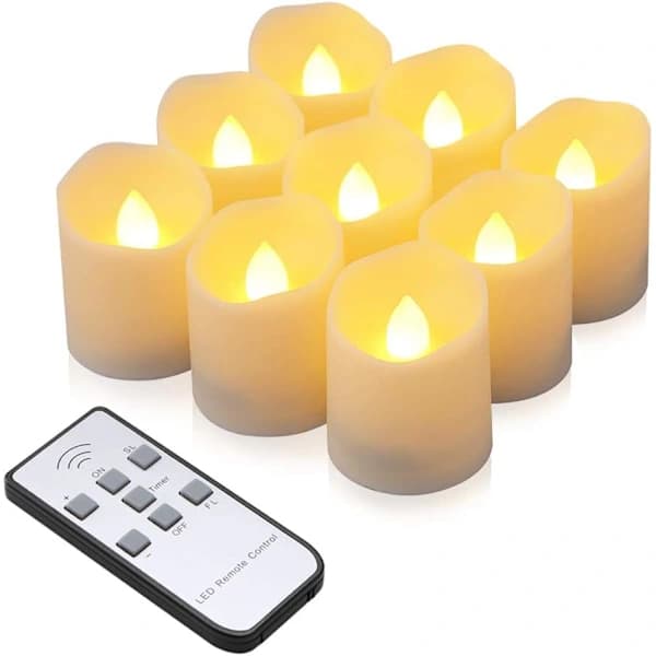 LED-lys, 9 stk. Flamfrie LED-lys, Elektriske lys med fjernkontroll og timer