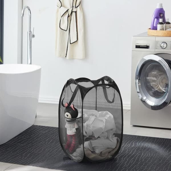 Pop-up Mesh Laundry Hamper with Durable Handles - Portable Foldable Laundry Baskets for Dorms, Bathrooms, and Travel (Black)