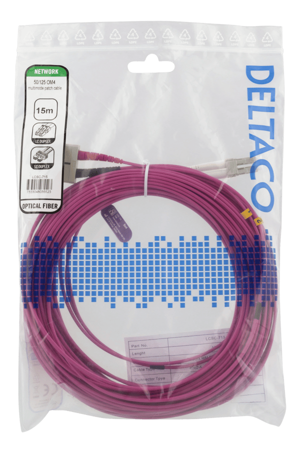 OM4 fiberkabel, LC – SC, duplex, multimode, 50/125, 15m Rosa