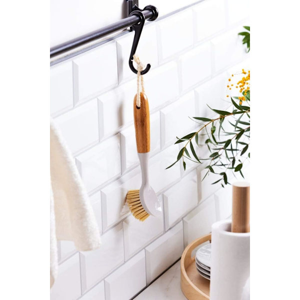 Suitable for Various Cleaning Tasks Bamboo Handle Dish Brush, Non-Scratch Bristles Kitchen Cleaning Tools, Odorless Built-in Scraper