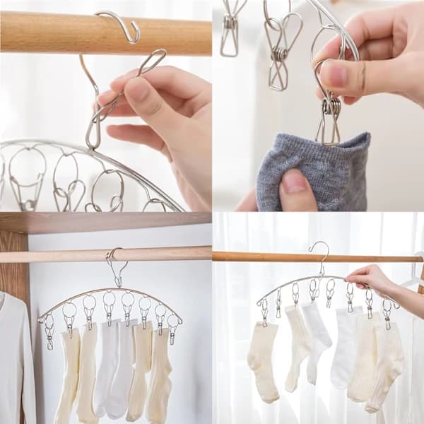 Stainless Steel Drying Rack with Windproof Hooks, Underwear Rack, Clothes Drying Rack with 8 Clips for Drying Socks, Towels (2-Pack)