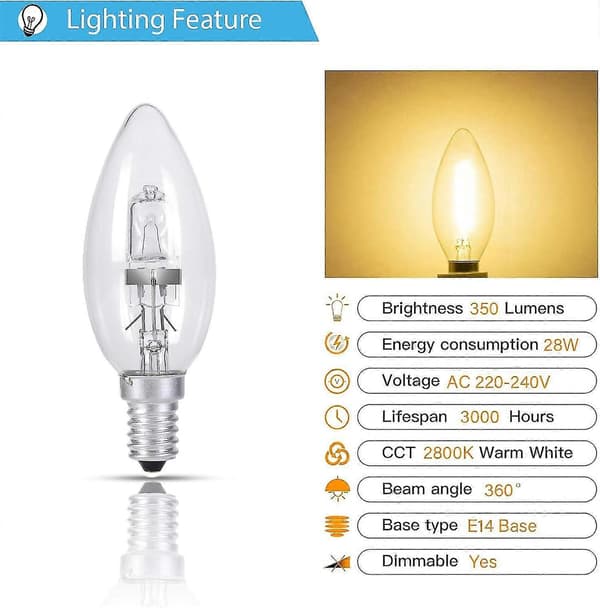 28W Halogenlampor, 5-pack SES E14 Halogenlampa, 350 Lumen, 230V