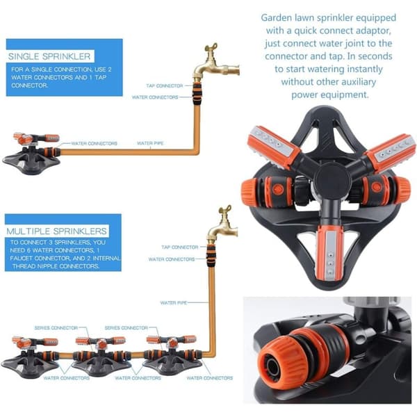 Garden Sprinkler, 360° Rotating 3-Arm Automatic Lawn Sprinkler Watering Irrigation