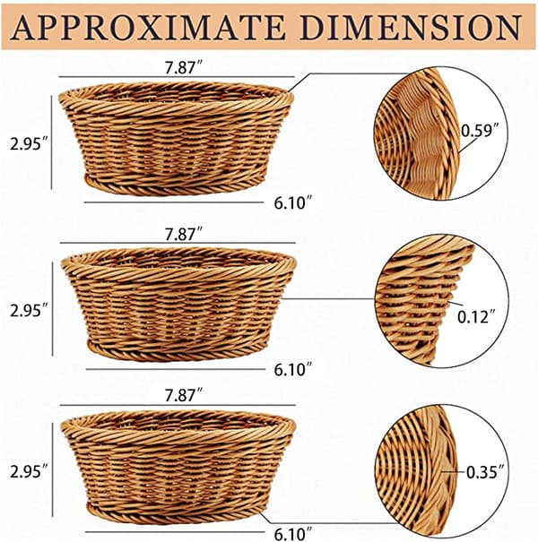 Woven Basket, 3 pcs Poly-Wicker Bread Storage Baskets for Food Fruit Vegetables, Shallow Store Supermarket Display Serving Restaurant Home Kitchen