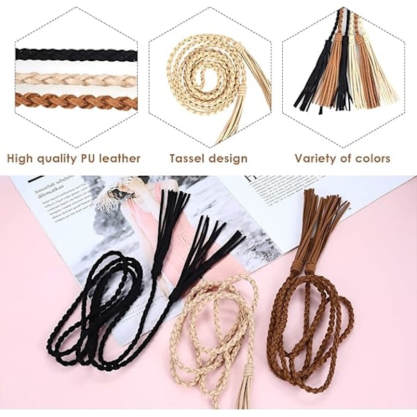 3-pack braided women's belts, thin fringe belts, solid color, adjustable