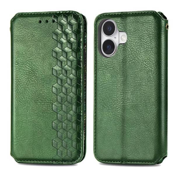 iPhone 17 Etui Læderetui med Kubisk Ternmønster og Magnetisk Lukning Grøn Grøn