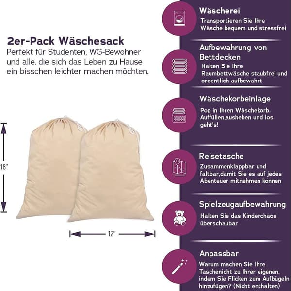 Canvas Laundry Bag with Shoulder Strap - 100% Cotton, Fabric, Very Durable KLB