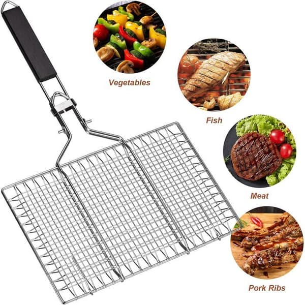 Fiskristekurv, BBQ-kurv i rustfrit stål, sammenklappelig, bærbar, BBQ-kurv med tilbehør i rustfrit stål