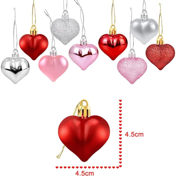 36 stk. Valentinsdag hjerteformede ornamenter - Valentinsdag hjertepynt - Røde, lyserøde, sølvglitrende hjerteformede ornamenter