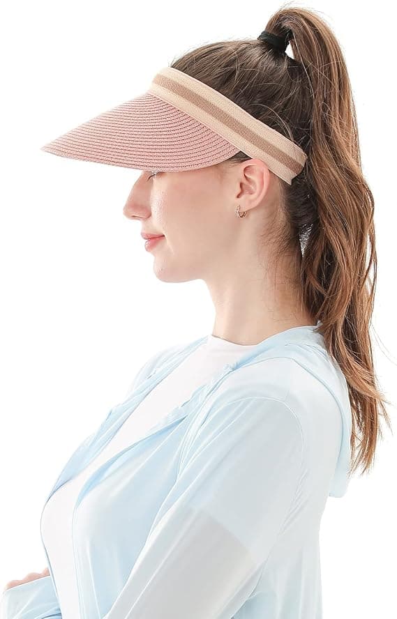 Straw Sun Hat with Open Crown, UV Protection, Versatile and Refined, Adorned with Fine Woven Stripes, Pink