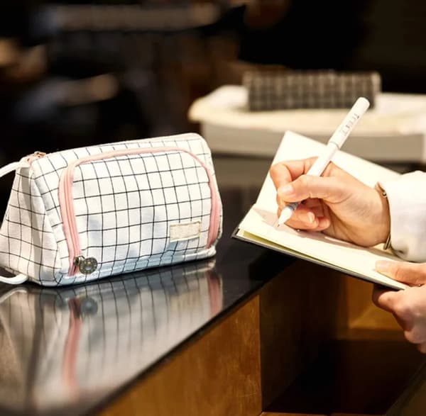 White Striped Pencil Case with 3 Compartments, Spacious Pencil Pouch