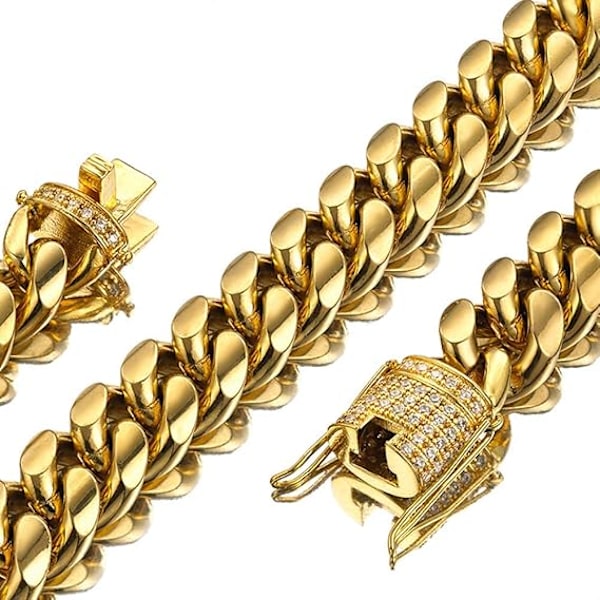 Miami Cuban Link-kjede for menn i 18K gull 15 mm rustfritt stål med CZ diamantchoker (20,0 tommer)