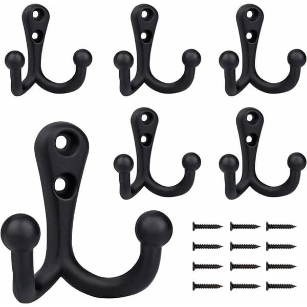 6 Pieces Retro Hook Double Metal Hooks Black Retro Hook for Coat Rack Bathroom Kitchen
