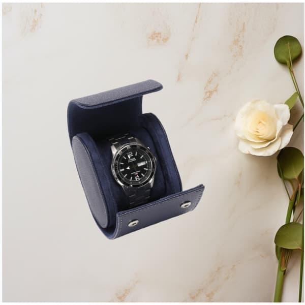 Deep Blue Lychee Pattern PU Watch Storage Case - Portable & Waterproof, Compatible with Casio