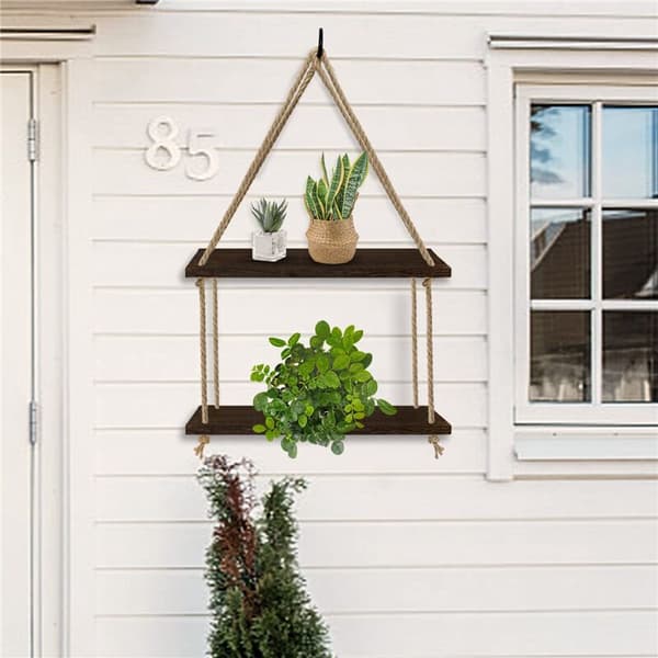 Hanging Shelves for Wall, 2-Tier Antique Wood Floating Hanging Shelf with Hand String Weaving Process, for Bedroom