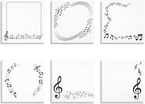 6-pak Musiktema Klistermærker - Sorte og Hvide Musiknoder Selvklæbende Memoblokke til Børn, Studerende & Kontor