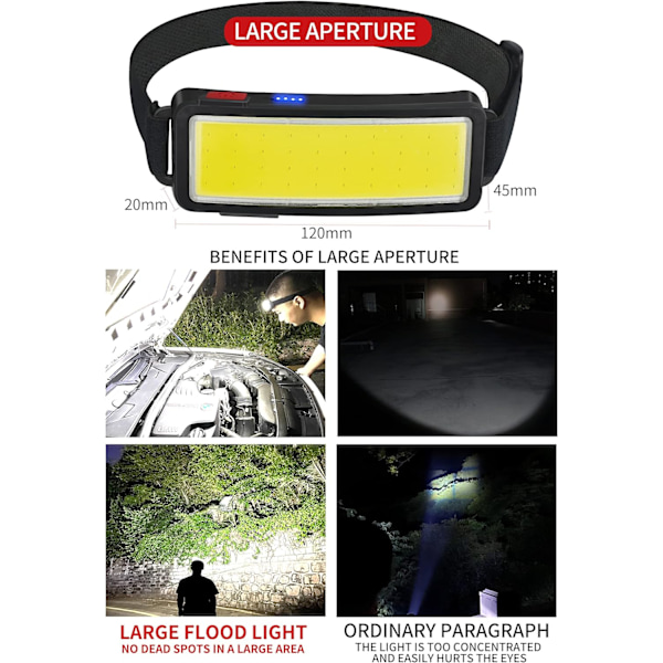 COB LED -otsavalaisin, tehokas USB-ladattava otsalamppu, vedenpitävä 2000 lumenin otsavalaisin, työvalo