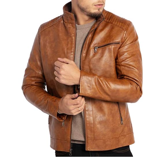 Herr läderjacka med ståkrage Motorcykel ytterkläder brun brown XL