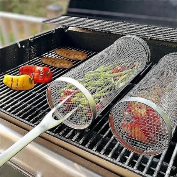 2-pak rullende grillkurve i rustfrit stål BBQ-netgrillbure til udendørs campingpicnic sølv stor large