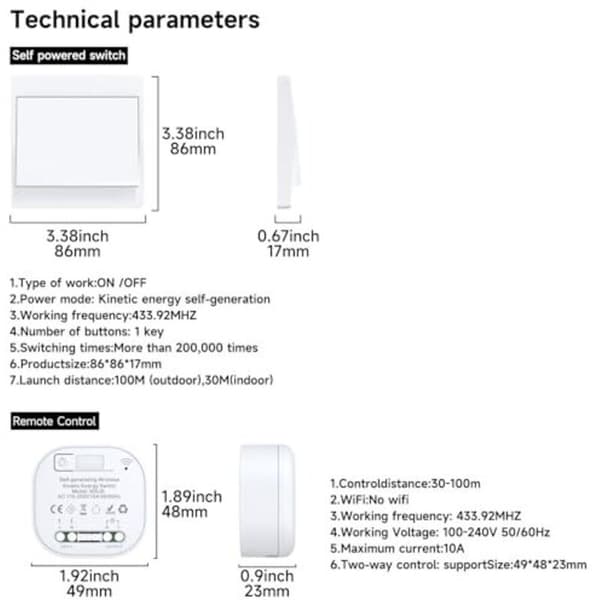 Wireless Switch Kit Self-Powered Battery-Free EU 1-Way Two-Way Remote Control for Home Lighting Compatible with EU Standards