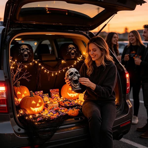 läskiga bilnackstödsskydd 2-delade Halloween-dödskalle stretch -
