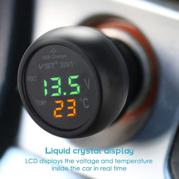Bilvoltmeter, 3 i 1 USB 5V 2A Hurtiglading, Digital bilvoltmeter, Termometeruttak, for 12-24V Bil Buss Lastebil Mobiltelefonlading
