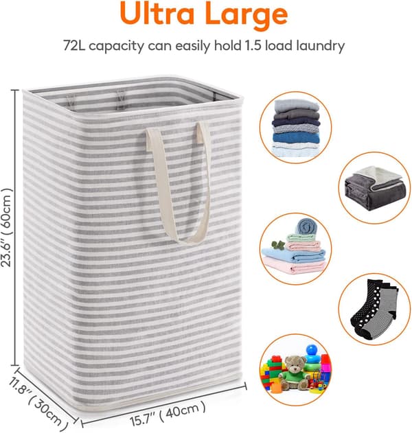 Grey Laundry Basket, 40x30x60cm 72L Foldable Waterproof Fabric