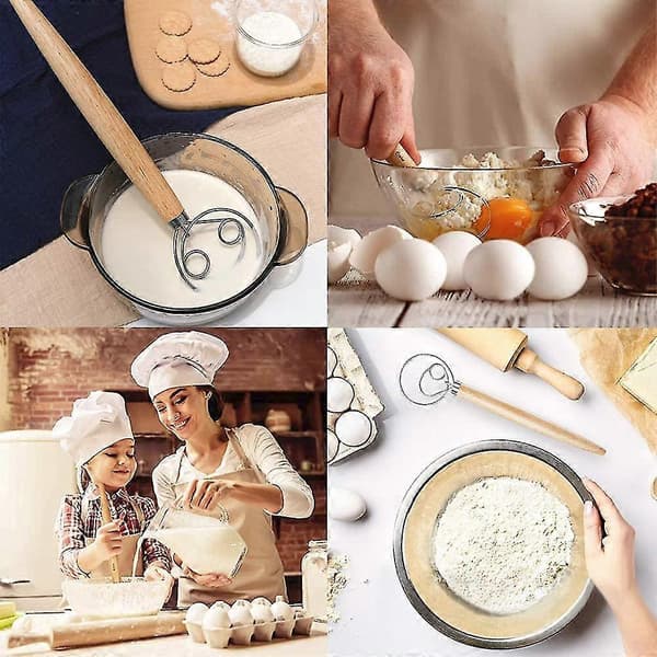 2 Pcs Danish Dough Whisk with one, Bread Mixer, Wooden Handle Dough Whisk and Bread Cutting