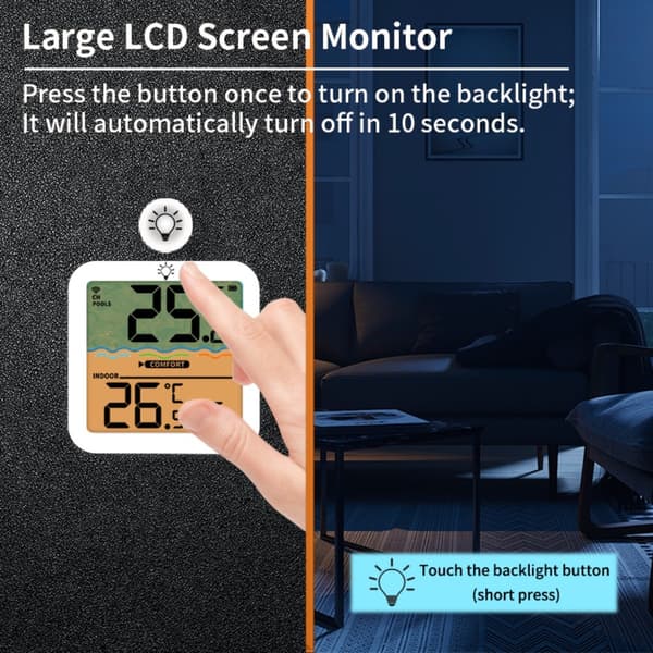 Wireless Pool Thermometer with Remote LCD and Indoor Temp and Humidity Display for Pool and Spa, IP68, 100m Range, 76-inch Screen, USB or Battery