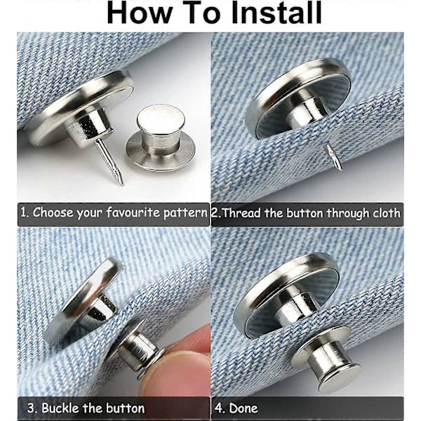 Jeans Buttons, No-Sew Replacement Jean Buttons, Adjustable and Removable Instant Button (10pcs, silver)
