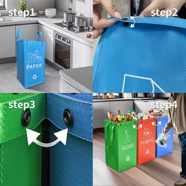 Foldable Recycling Bins 3-pack — Modular Waterproof PP Storage Bins for Kitchen, Office, and Home, Large Capacity 50cm x 30cm x 30cm