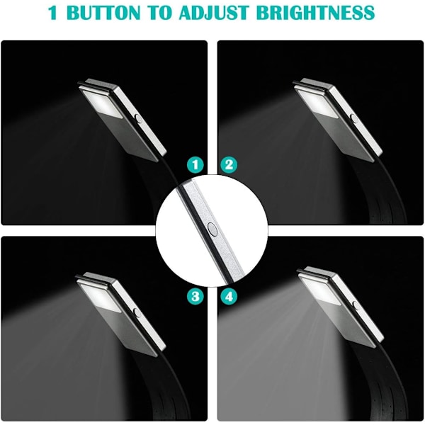 LED-leselys med klemmer USB oppladbart 4 lysstyrker