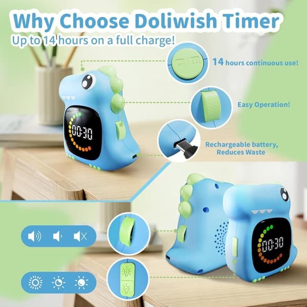 Visuell Timer for Barn – 100 Minutter Dinosaur LED Nedtelling, Stille og Pedagogisk for Hjem og Klasserom - rosa