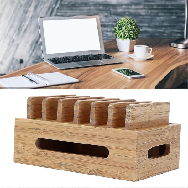 Bamboo Charging Station, Multi-Device Cell Phone Docking Station, Portable Tablet and Computer Storage Box for Home Office (FMY)