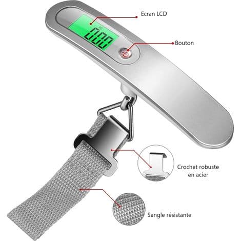 This mini electronic luggage scale is used to weigh travel items and comes with a durable nylon strap.