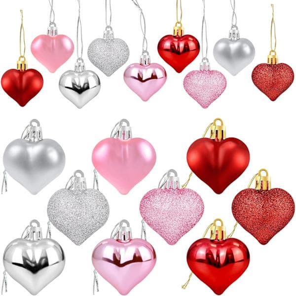 36 stk. Valentinsdag hjerteformede ornamenter - Valentinsdag hjertepynt - Røde, lyserøde, sølvglitrende hjerteformede ornamenter