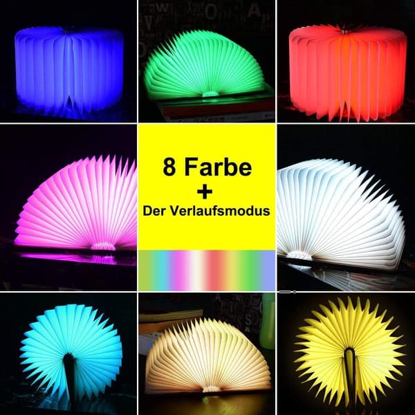 LED-boglampe, 8 farvetilstande boglampe, foldbar træboglampe, USB KLB