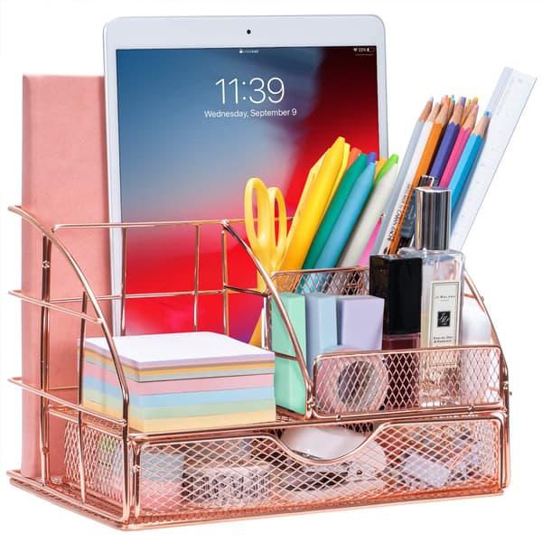 Drawer Organizer, Desk Stand with 5 Compartments, Rose Gold
