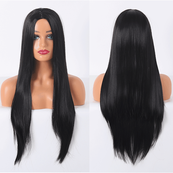 Svart lang rett middelsfiber dame parykk hodeplagg
