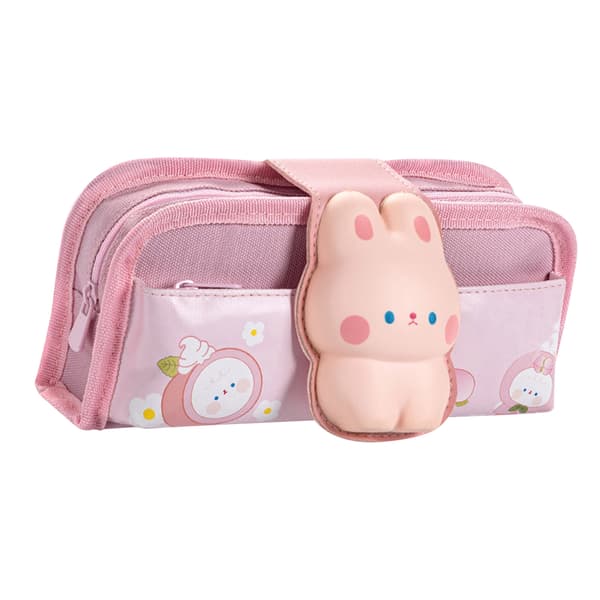 Canvas Pencil Case with Cute Duck Pattern, Velcro Closure, Large Capacity, Zipper, Multiple Internal Compartments for Student Rabbit