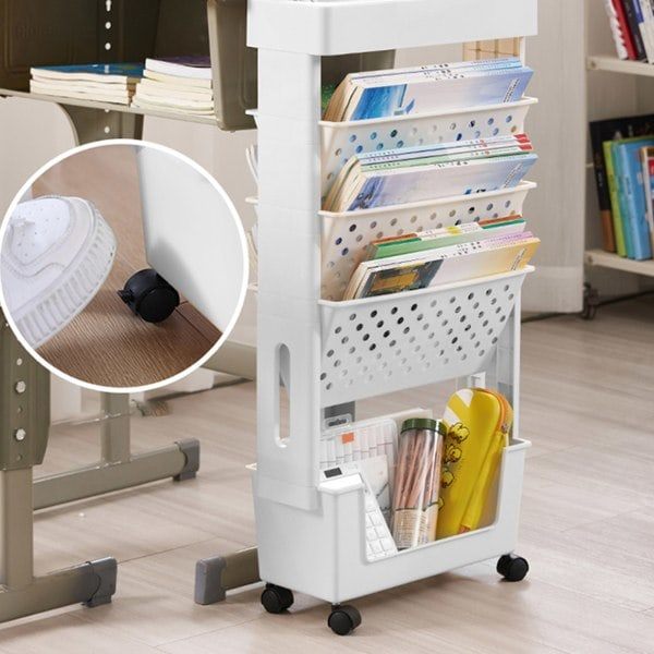 Portable Bookshelf Multi-layer Capacity Rotatable Detachable Plastic Practical Rolling Organization Shelf with Wheels White