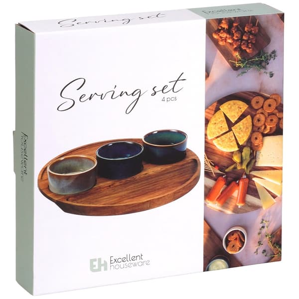 Ceramic Snack Bowls with Acacia Tray, 4-Piece Set 682