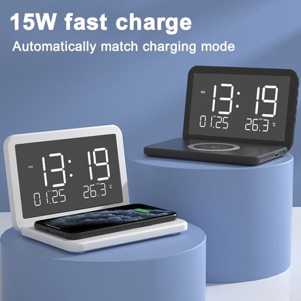 Digital Clock, Wireless Charging Alarm Clock with Night Light, Modern Arctic White